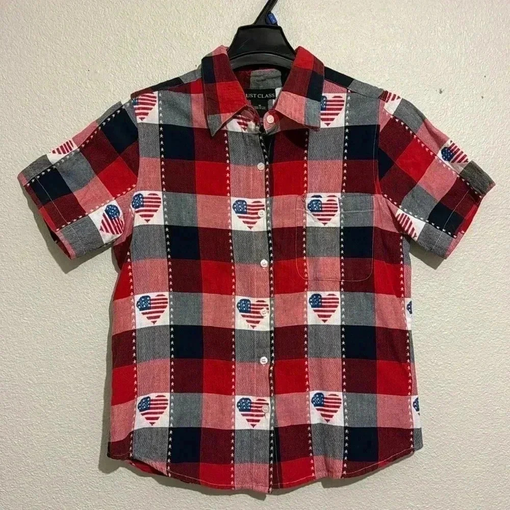 Just Class 4th of July Hearts Vintage Button Down Shirt Patriot Celebration